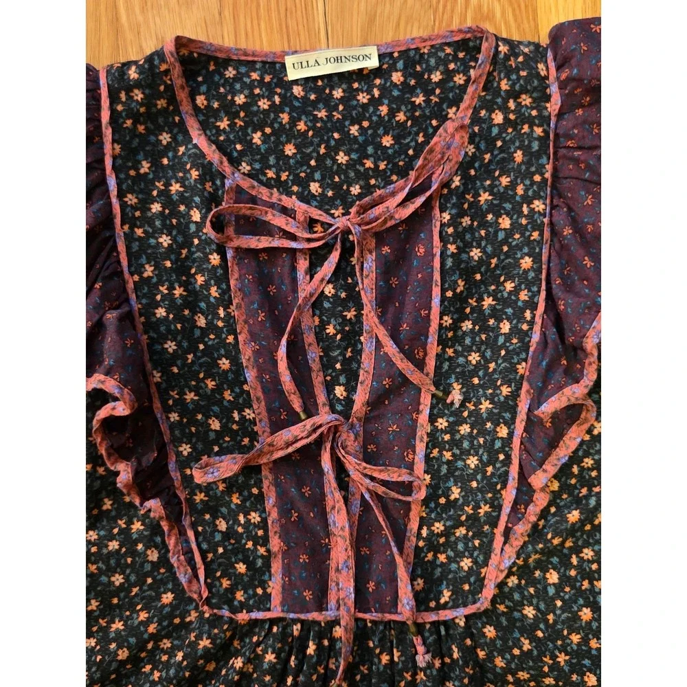 Ulla Johnson Cora Top Auburn Palette Mixed Floral Ruffle Puff Sleeve Blouse Sz 2